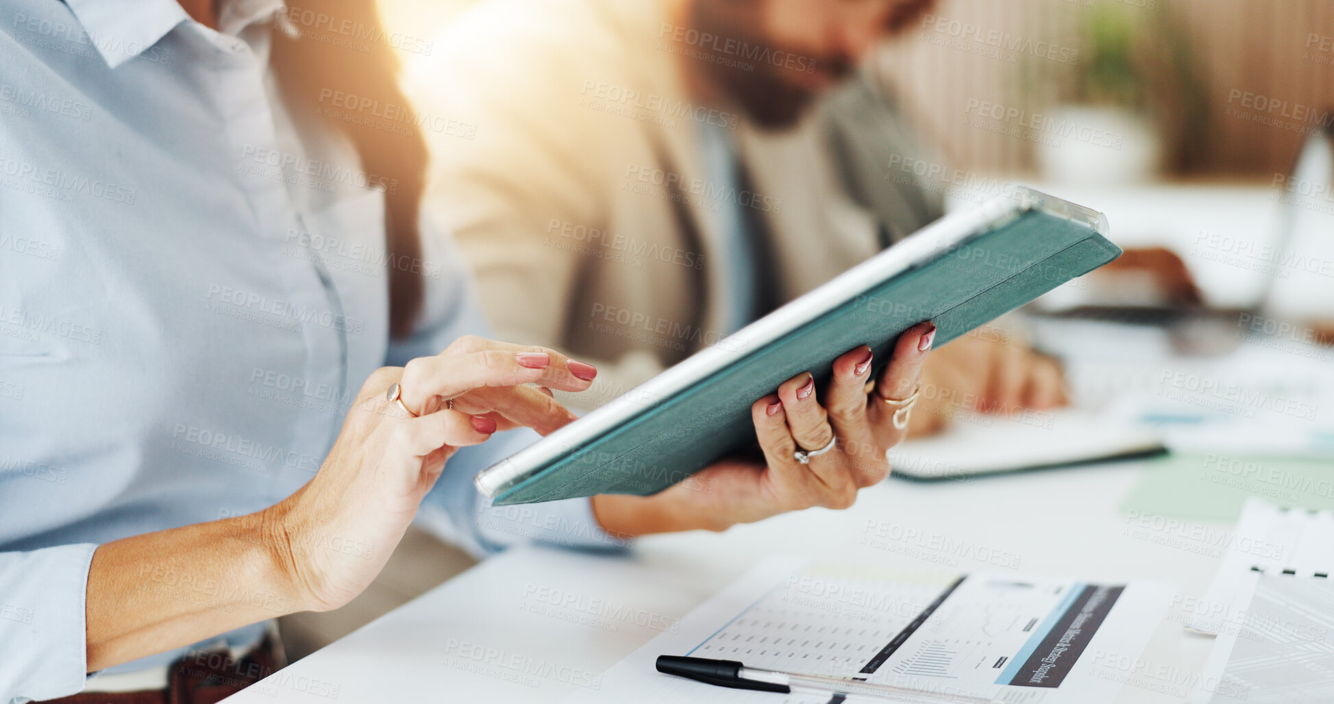 Buy stock photo Hands, meeting and tablet with business person in office boardroom for collaboration or planning. App, scrolling and workshop with employee at desk in workplace for project management or schedule