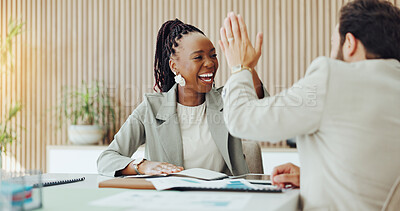 Buy stock photo Documents, woman and team with high five in office for campaign success, ROAS target or good news. Digital marketing, manager or man with celebration for positive feedback, brand performance or goals