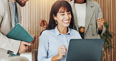 Buy stock photo Smile, laptop and business people in office with project approval, collaboration and excited for publishing. Celebration, tech and editor with manager for feedback, review or congratulations for web