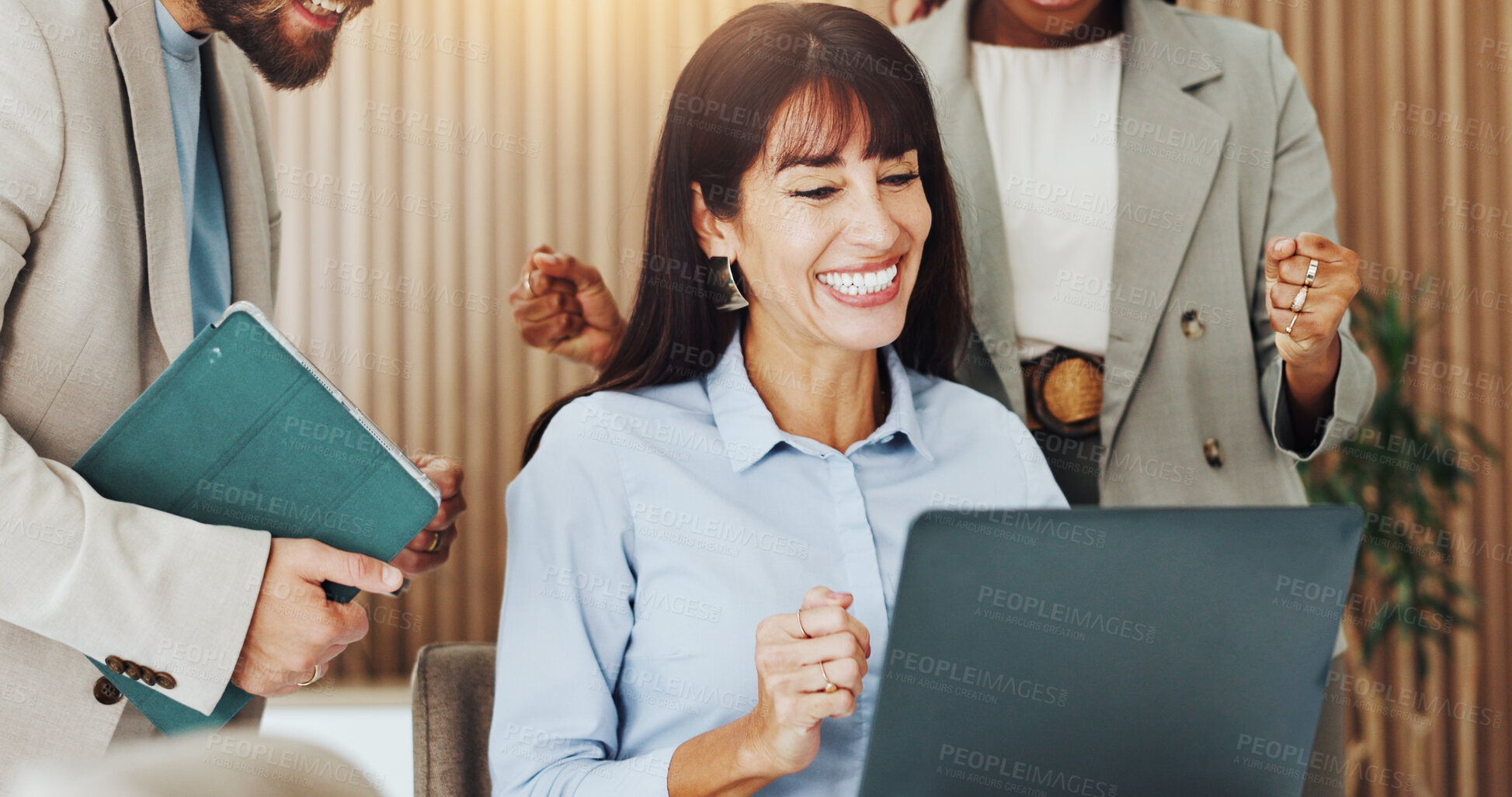 Buy stock photo Smile, laptop and business people in office with project approval, collaboration and excited for publishing. Celebration, tech and editor with manager for feedback, review or congratulations for web