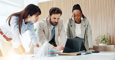Buy stock photo Team, online and group with laptop, meeting and planning for investment proposal or risk assessment. Wealth management, collaboration and people with tech for financial analysis, research and talking