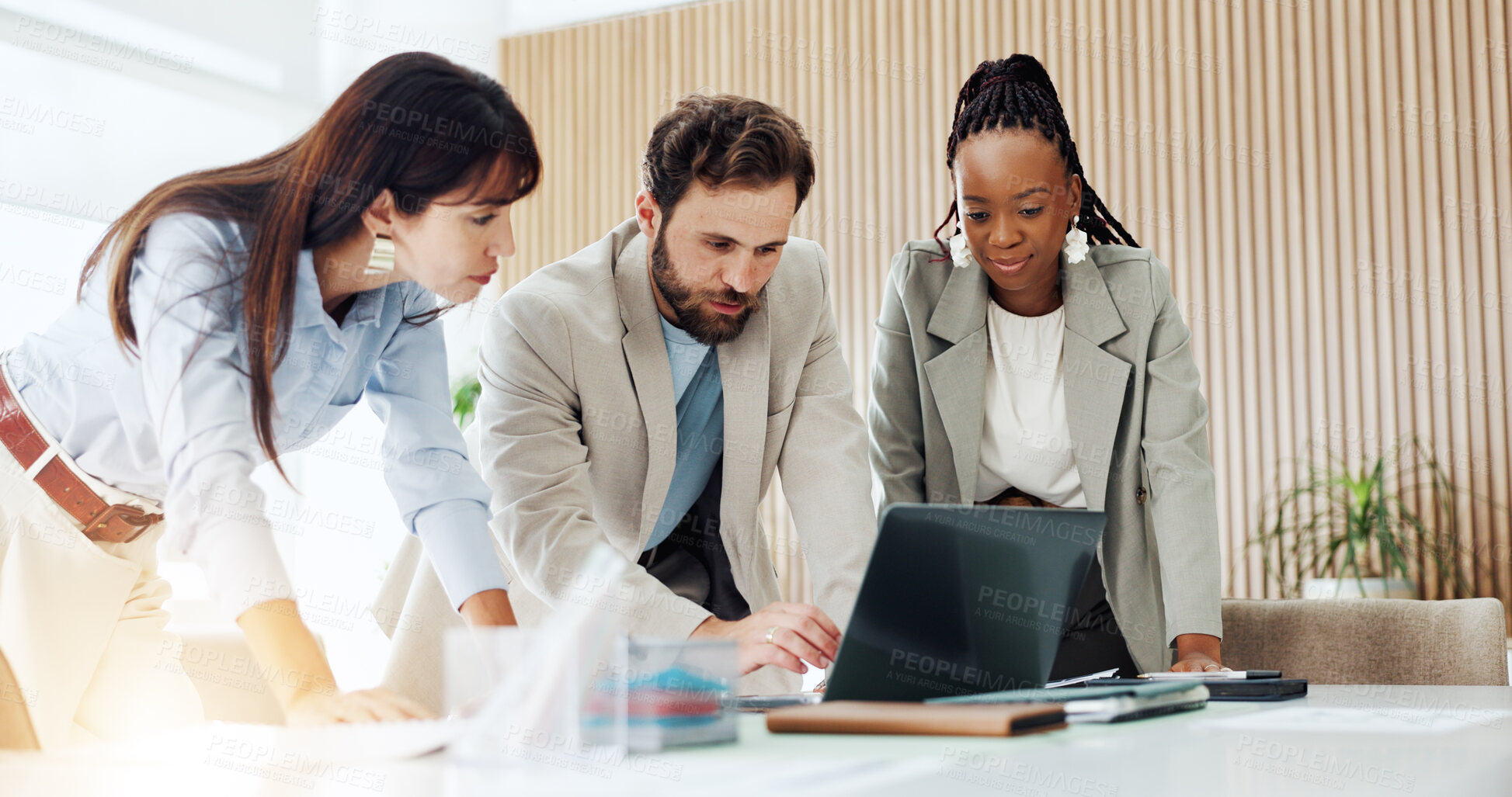 Buy stock photo Team, online and group with laptop, meeting and planning for investment proposal or risk assessment. Wealth management, collaboration and people with tech for financial analysis, research and talking