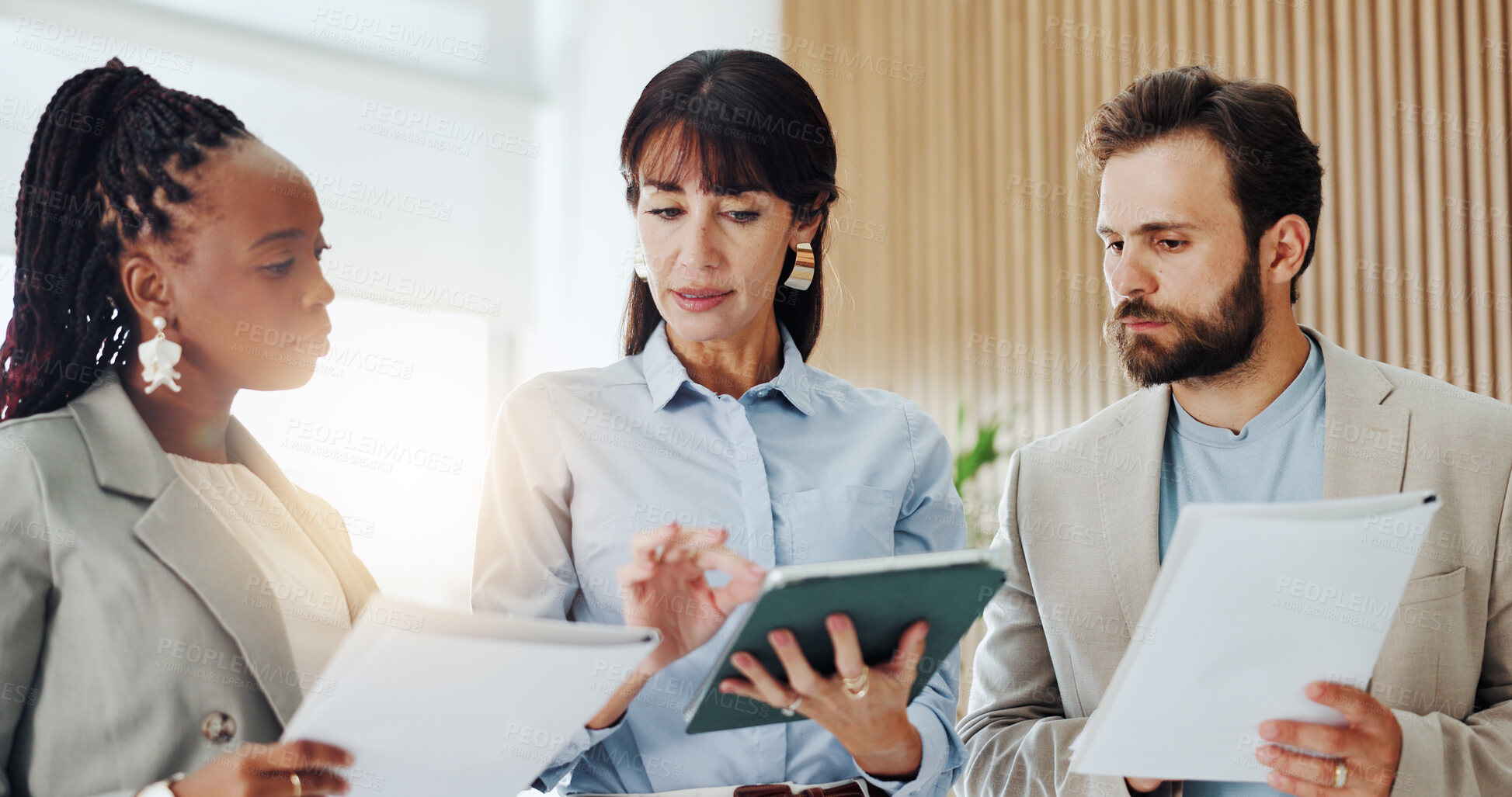 Buy stock photo Team, meeting and people with tablet, office and investment opportunity and research with paperwork. Flare, wealth management and group with tech for financial analysis and collaboration with report