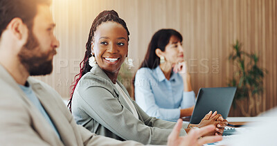 Buy stock photo Audience, meeting and workshop with business woman in boardroom for development or education. Attention, listening and smile with corporate employee team in office for seminar or upskill training