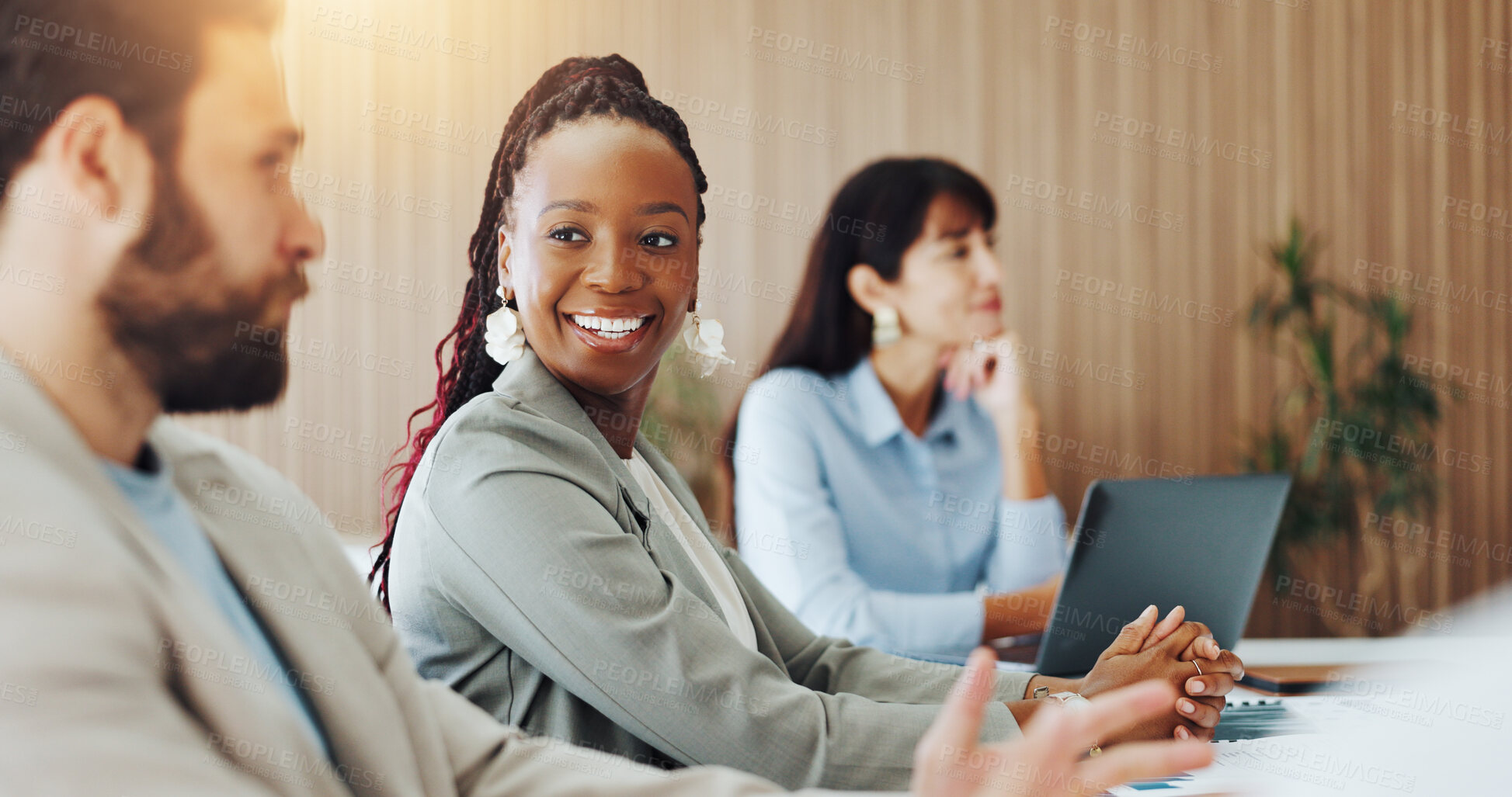 Buy stock photo Audience, meeting and workshop with business woman in boardroom for development or education. Attention, listening and smile with corporate employee team in office for seminar or upskill training