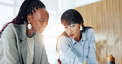 Buy stock photo Business, women and meeting with discussion in office for venue ideas, sponsorship pitch or flare. Female collaboration, coordinator and feedback on event planning, vendor selection or project update