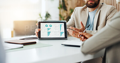 Buy stock photo Hands, presentation and tablet screen with finance employee in office boardroom for data review. App, graphs and statistics with business person at desk in workplace for financial feedback or pitch