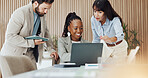 Laptop, talking and teamwork with business people in office together for feedback, report or review. Collaboration, computer and conversation with employee group in workplace for project management
