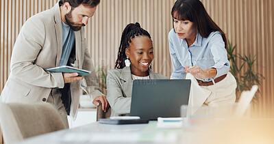 Buy stock photo Laptop, talking and teamwork with business people in office together for feedback, report or review. Collaboration, computer and conversation with employee group in workplace for project management