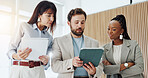 Team, research and people with tablet, office and investment opportunity and meeting with paperwork. Flare, wealth management and group with tech for financial analysis and collaboration with report