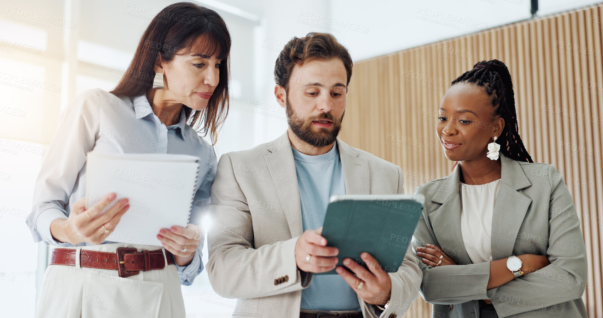 Buy stock photo Team, research and people with tablet, office and investment opportunity and meeting with paperwork. Wealth management, online and group with tech for financial analysis, collaboration and discussion