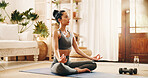 Meditation, yoga and woman in home for zen, mindfulness and relax with peace on floor for fitness. Breathing exercise, yogi and person in house with mudra for holistic balance, self care and health