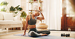 Stretching, home and woman in lounge, fitness for wellness and morning routine for exercise. Apartment, relax and person in living room, workout and warm up for pilates training and stress relief