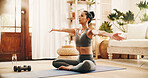 Stretching, home and woman in lounge, exercise for wellness and morning routine for workout. Apartment, relax and person in living room, fitness and warm up for pilates training and stress relief