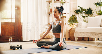 Buy stock photo Yoga, meditation or woman with mat in home, morning routine or body awareness practice for inner peace. Mindfulness, calm or person with lotus pose for wellness, mental health zen or holistic healing