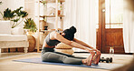 Woman, stretching and legs for pilates at house with exercise, start training and wellness. Person, warm up and fitness with muscle preparation, workout performance and flexibility for stress relief 