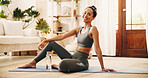 Portrait, smile and yoga with woman in living room of home for break, holistic wellness or hydration. Bottle, exercise and water with happy yogi person on floor in apartment for health activity