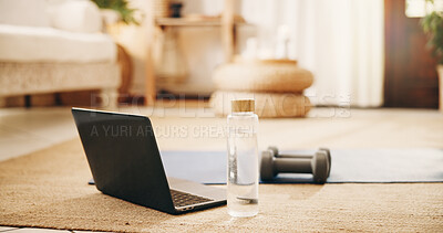 Buy stock photo Empty, home and laptop for workout setup, water and dumbbells for fitness or streaming training tips. House, yoga mat and tech for virtual class in lounge, online and exercise routine with equipment