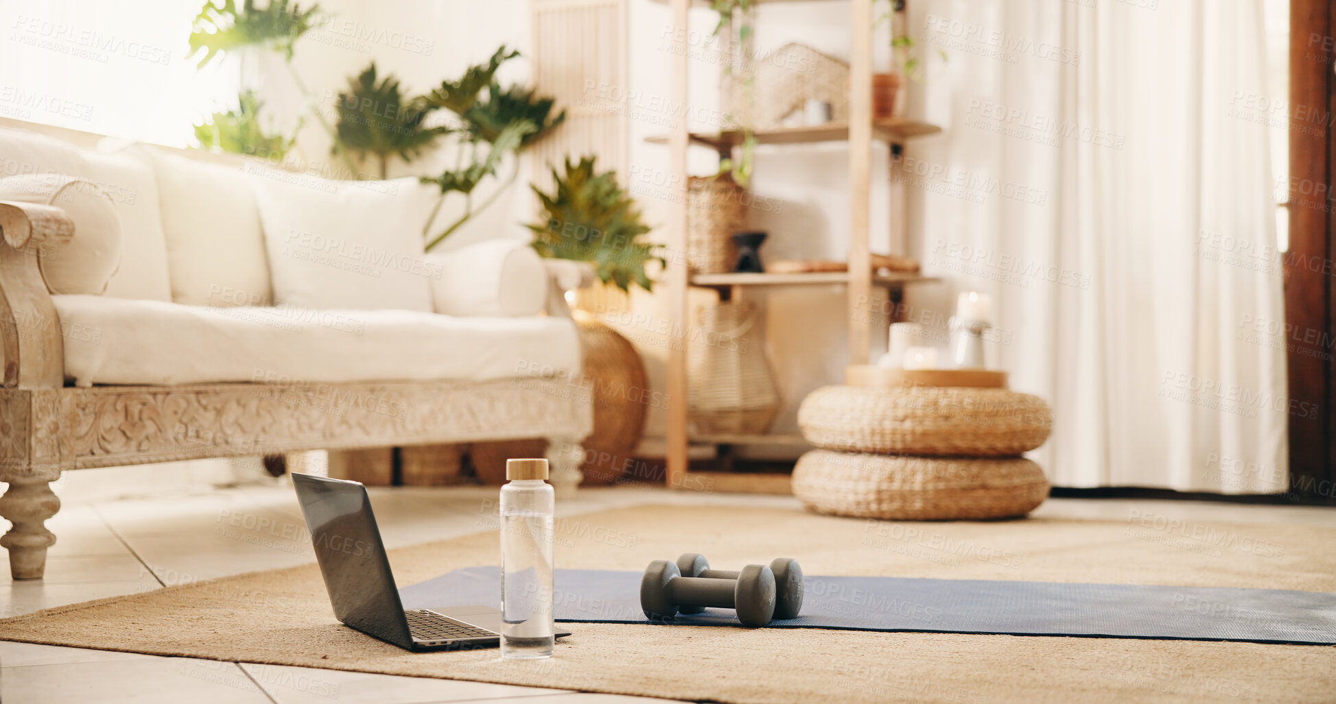 Buy stock photo Empty, house and laptop for workout, dumbbells and setup for fitness, bottle and streaming tutorial. Home, yoga mat and tech for virtual class in lounge, water and exercise routine with equipment