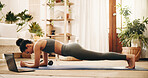 Fitness, laptop and woman with plank in home, core strength challenge and streaming workout tutorial. Training video, pc and person with abdominal exercise in lounge, virtual class and online coach