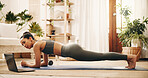 Fitness, laptop and woman with plank in house, core strength challenge and streaming workout tutorial. Training video, pc and person with abs exercise in lounge, online class and watch demonstration