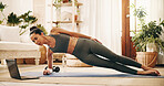 Home, laptop or woman with side plank for fitness, core strength challenge or streaming workout tutorial. Training video, pc or person with abs exercise in lounge, online class or watch demonstration