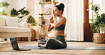 Yoga, meditation or woman with laptop in home, spiritual guide or body awareness practice for peace. Calm, holistic exercise or person with prayer hands for healing, pc or streaming mindfulness video