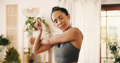 Buy stock photo Woman, stretching and arms for fitness in home with exercise, start training and wellness. Person, warm up and pilates with muscle preparation, commitment and flexibility for stress relief in lounge