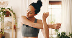 Woman, stretching and pilates for fitness at house with exercise, start training and wellness. Person, warm up and muscle preparation for workout, morning routine and flexibility for stress relief 