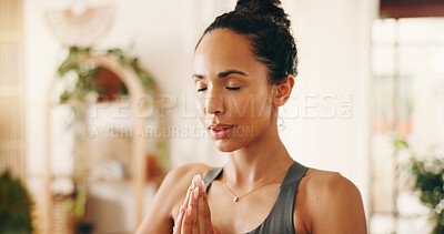 Buy stock photo Home, yoga and woman in lounge, hands together or meditation for breathing exercise. Apartment, yogi or person in living room, stress relief or fitness for balance, zen or chakra for holistic healing