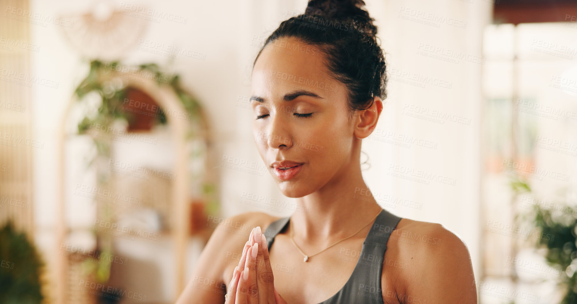 Buy stock photo Home, yoga and woman in lounge, hands together or meditation for breathing exercise. Apartment, yogi or person in living room, stress relief or fitness for balance, zen or chakra for holistic healing