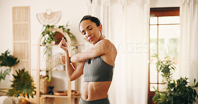 Buy stock photo Woman, stretching and arms for fitness at house with exercise, start training and wellness. Person, warm up and pilates with muscle preparation, workout performance and flexibility for stress relief 