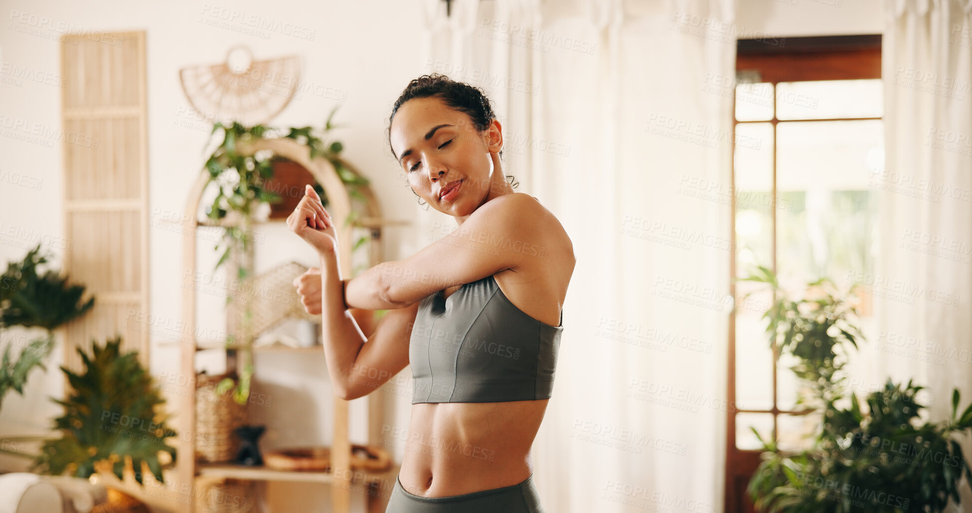 Buy stock photo Woman, stretching and arms for fitness at house with exercise, start training and wellness. Person, warm up and pilates with muscle preparation, workout performance and flexibility for stress relief 