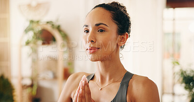 Buy stock photo Home, yoga and woman in living room, hands together or meditation for breathing exercise. Apartment, yogi or person in lounge, wellness and fitness for balance, zen and relax for holistic healing