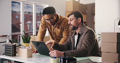 Buy stock photo Logistics, review or men in office with laptop, order track or inventory management for shipping. Distribution, collaboration or suppliers with tech, stock control or delivery update in supply chain.