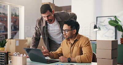 Buy stock photo Logistic, review or people in office with laptop, order track or inventory management for shipping. Collaboration, distribution or supplier with tech, stock control or delivery update in supply chain