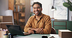 Portrait, smile and man in office for logistics, procurement startup and laptop in small business. Computer, ecommerce and happy person at work for distribution, shipping and confident entrepreneur