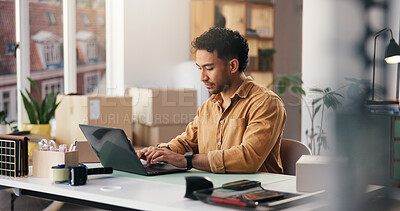 Buy stock photo Laptop, logistics and businessman in office with research for online delivery information. Computer, typing and male supply chain manager with email for shipping communication by boxes in workplace.