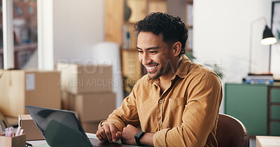 Buy stock photo Happy, man and logistics with laptop, warehouse and ecommerce success on website and small business. Entrepreneur, online and person with smile for order, supply chain and shipping goods with tech