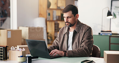 Buy stock photo Laptop, supply chain and businessman in office with research for online delivery information. Computer, typing and male logistics manager with email for shipping communication by boxes in workplace.
