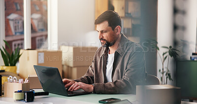 Buy stock photo Laptop, logistics and businessman in office with contact for online delivery information. Computer, typing and male supply chain manager with email for shipping communication by boxes in workplace.