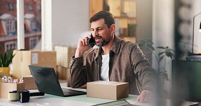 Buy stock photo Warehouse, phone call and man with laptop, logistics and discussion with contact for stock delivery. Happy, entrepreneur and person with tech for order, shipping and chat with mobile for distribution