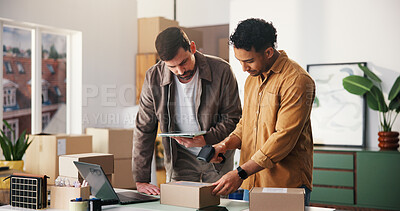 Buy stock photo Logistics, scanner or men in office with tablet, barcode review or inventory management for shipping. Distribution, team or suppliers with tech, package checklist or delivery service in supply chain.