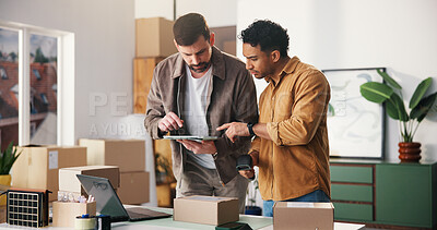 Buy stock photo Logistics, scanner or people in office with tablet, barcode review or inventory management in shipping. Collaboration, men or supplier with tech, package checklist or delivery service in supply chain