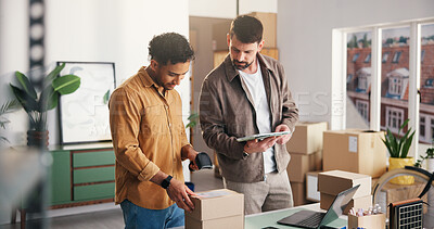 Buy stock photo Logistics, scanner or men in agency with tablet, barcode review or inventory management for shipping. Distribution, team or suppliers with tech, package checklist or delivery service in supply chain.