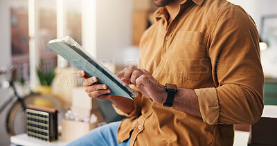 Buy stock photo Hands, supply chain and man in office, tablet for inventory management and connection. Person, business and entrepreneur in workplace, tech and email for stock, website info or app for online order