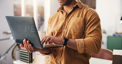 Buy stock photo Hands, boxes and man in office, laptop for inventory management and connection. Person, entrepreneur and business owner in workplace, computer and email for stock, update website info or online order