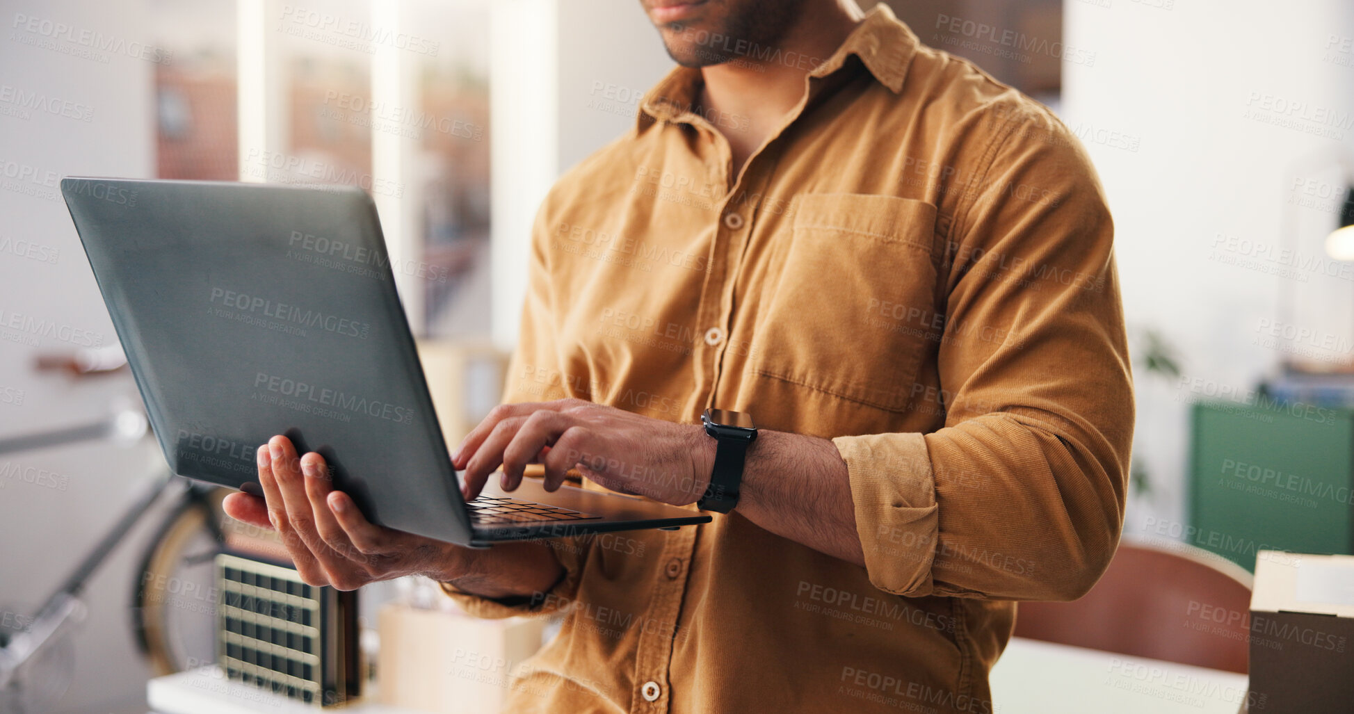 Buy stock photo Hands, boxes and man in office, laptop for inventory management and connection. Person, entrepreneur and business owner in workplace, computer and email for stock, update website info or online order