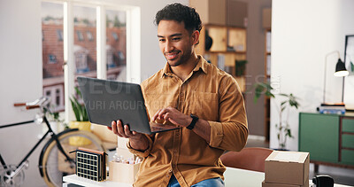 Buy stock photo Business, logistics and man in office, laptop for inventory management and online order. Person, entrepreneur or owner in workplace, computer or email for stock, shipping schedule and supply chain