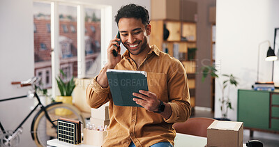 Buy stock photo Happy, phone call and man with tablet, logistics and discussion with contact for stock distribution. Small business, entrepreneur and person with tech for order, shipping or communication with mobile